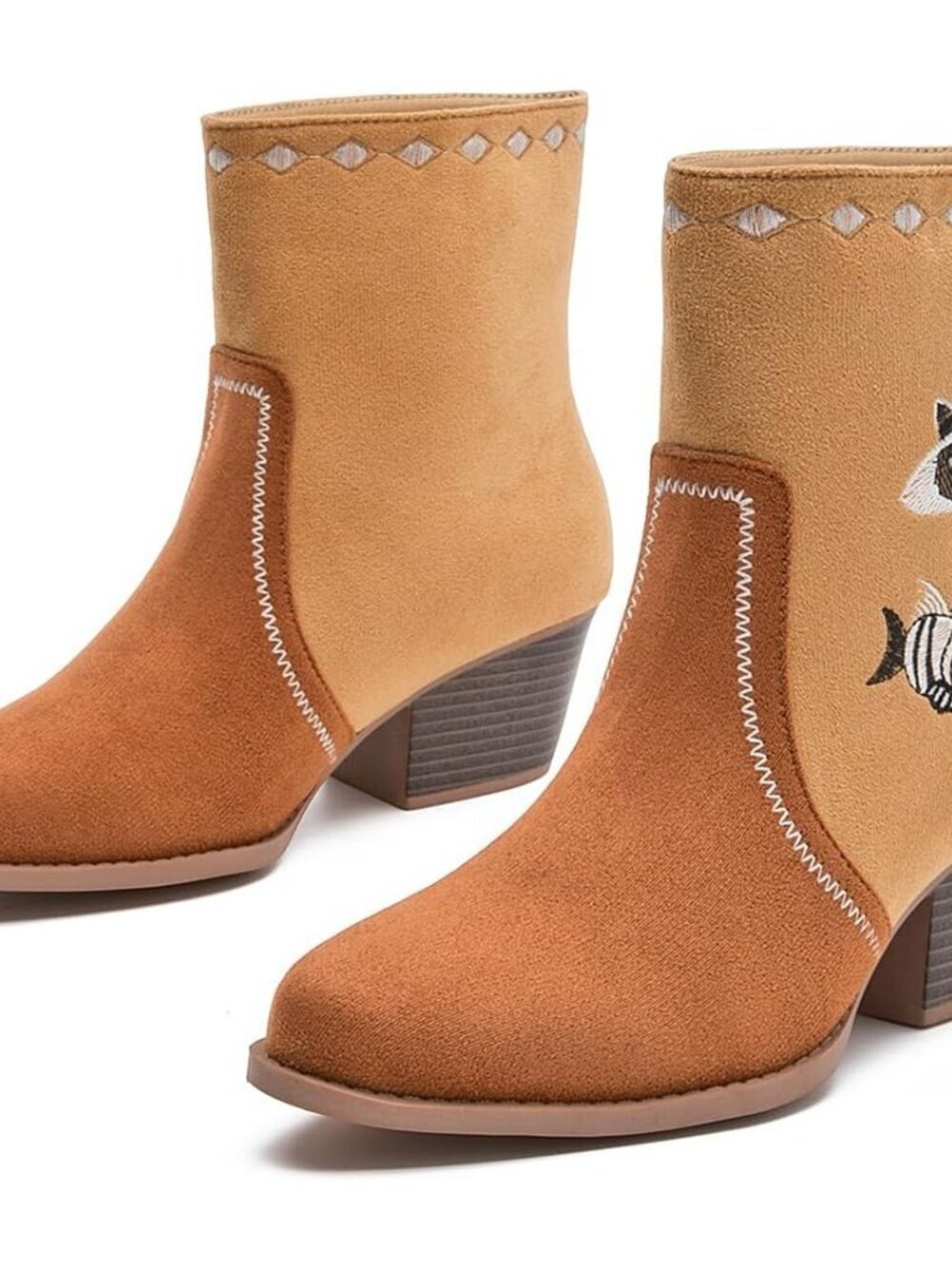 Women's Brown Western Boots Cowgirl Low Chunky Heel Pointed Toe Mid - Picture 5 of 5